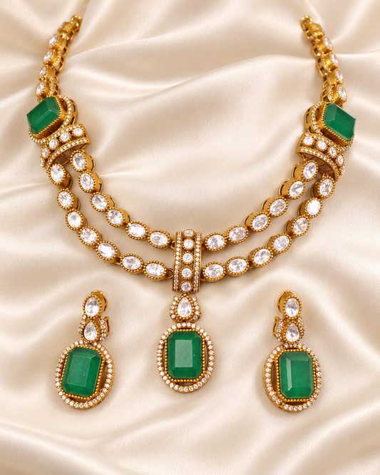 Double Row Clear Stone Drop Necklace Set - Green — AI-styled closeup view