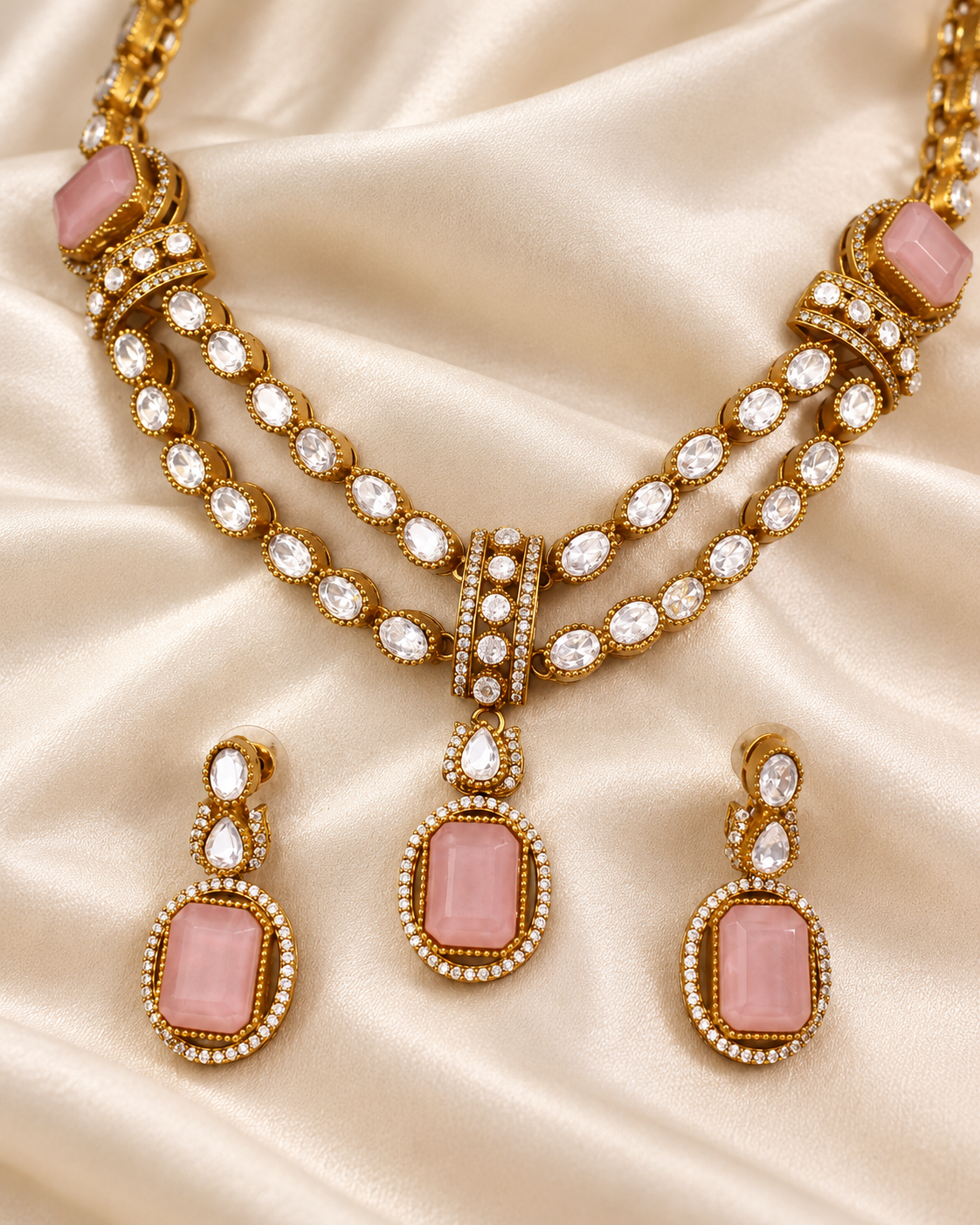 Double Row Clear Stone Drop Necklace Set - Pink — AI-styled ornament detail view