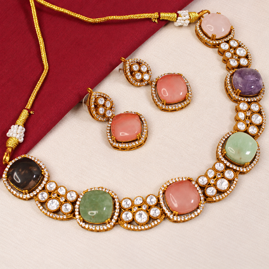 Round Pastel Stone Collar Necklace Set - Multicolour — retouched original photograph IMG_8313