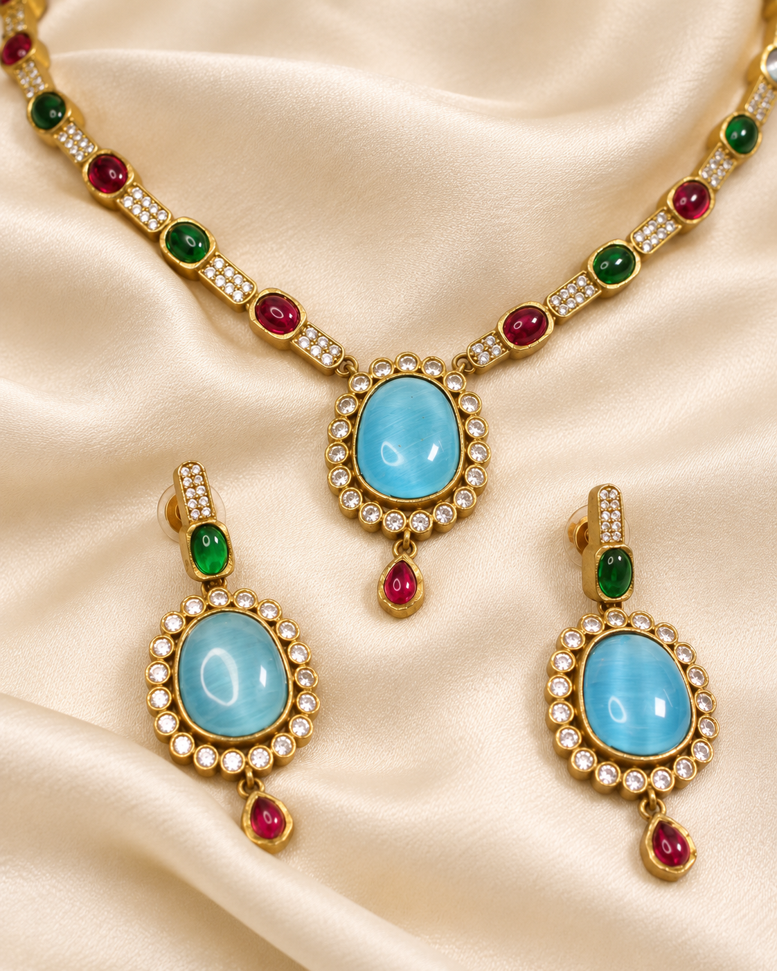 Oval Stone Drop Necklace Set - Aqua — AI-styled ornament detail view