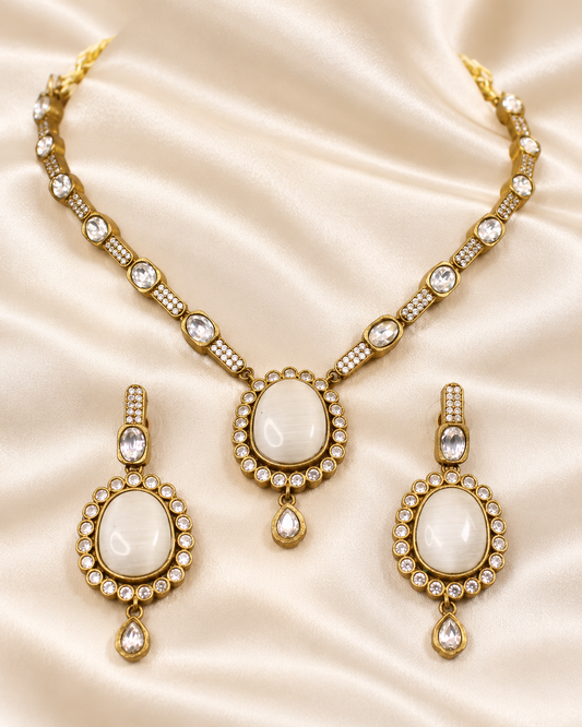 Oval Stone Drop Necklace Set - White and Clear — AI-styled closeup view