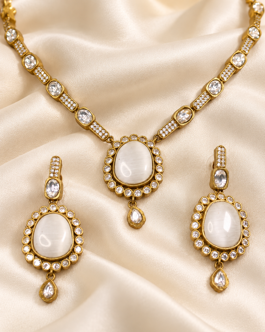 Oval Stone Drop Necklace Set - White and Clear — AI-styled ornament detail view