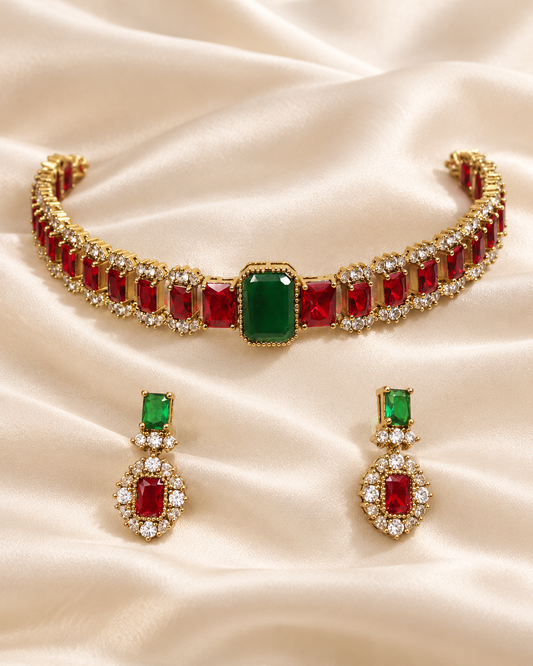Rectangular Centre Stone Collar Necklace Set - Ruby and Green — AI-styled closeup view