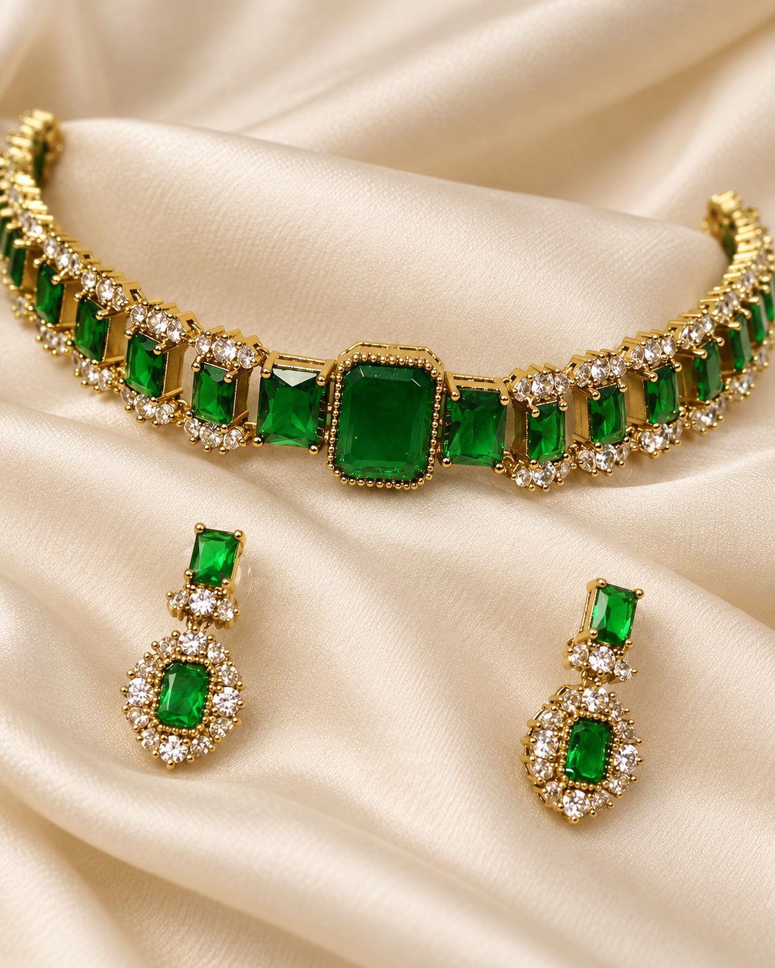 Rectangular Centre Stone Collar Necklace Set - Green — AI-styled ornament detail view