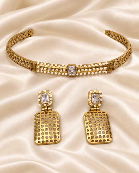 Mesh Panel Choker and Rectangular Earring Set - Clear — AI-styled closeup view
