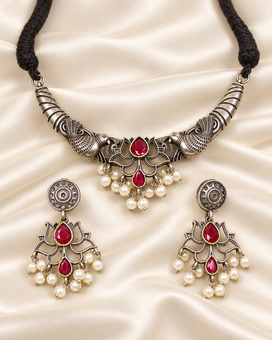 Winged Silver Tone Pearl-Style Fringe Collar Set - Ruby — AI-styled closeup view