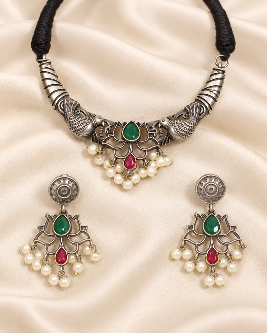 Winged Silver Tone Pearl-Style Fringe Collar Set - Green and Ruby — AI-styled closeup view