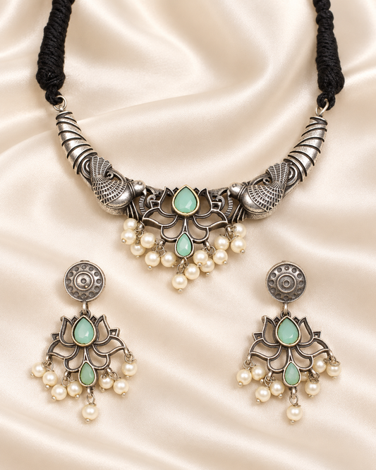 Winged Silver Tone Pearl-Style Fringe Collar Set - Mint — AI-styled closeup view