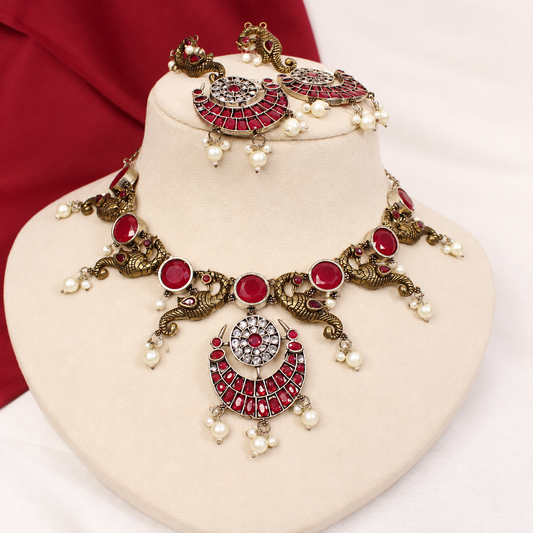 Peacock Ruby Stone Pearl-Style Fringe Collar Set - Ruby — retouched original photograph IMG_8381