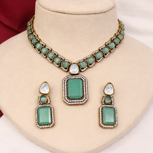Rectangular Mint Stone and Clear Accent Necklace Set - Mint — retouched original photograph IMG_8394