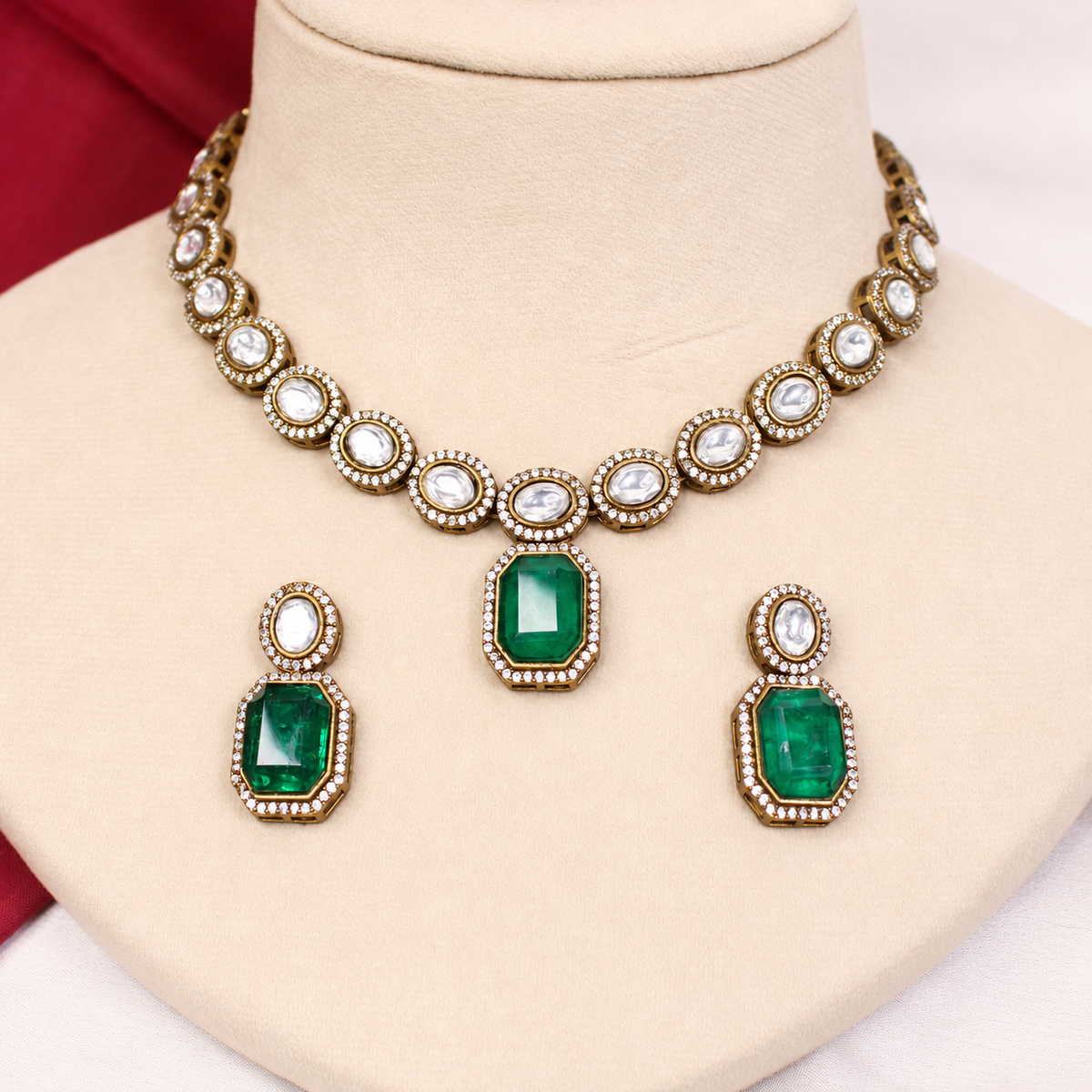 Round Clear Stone and Green Drop Necklace Set - Green — retouched original photograph IMG_8398