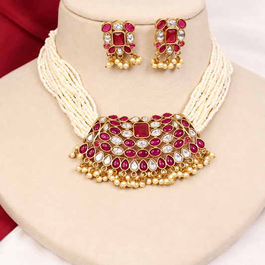 Multi-Strand Pearl-Style Bead Bib Necklace Set - Ruby and Clear - retouched original photograph IMG_8403
