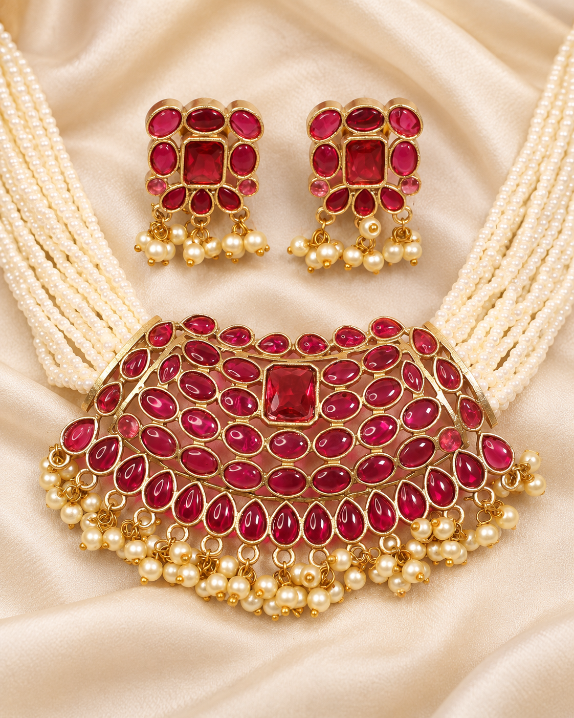 Multi-Strand Pearl-Style Bead Bib Necklace Set - Ruby - ornament-detail view