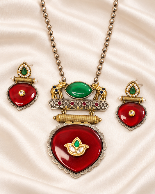 Floral Heart Drop Dual Tone Pendant Set - Red and Green — AI-styled closeup view