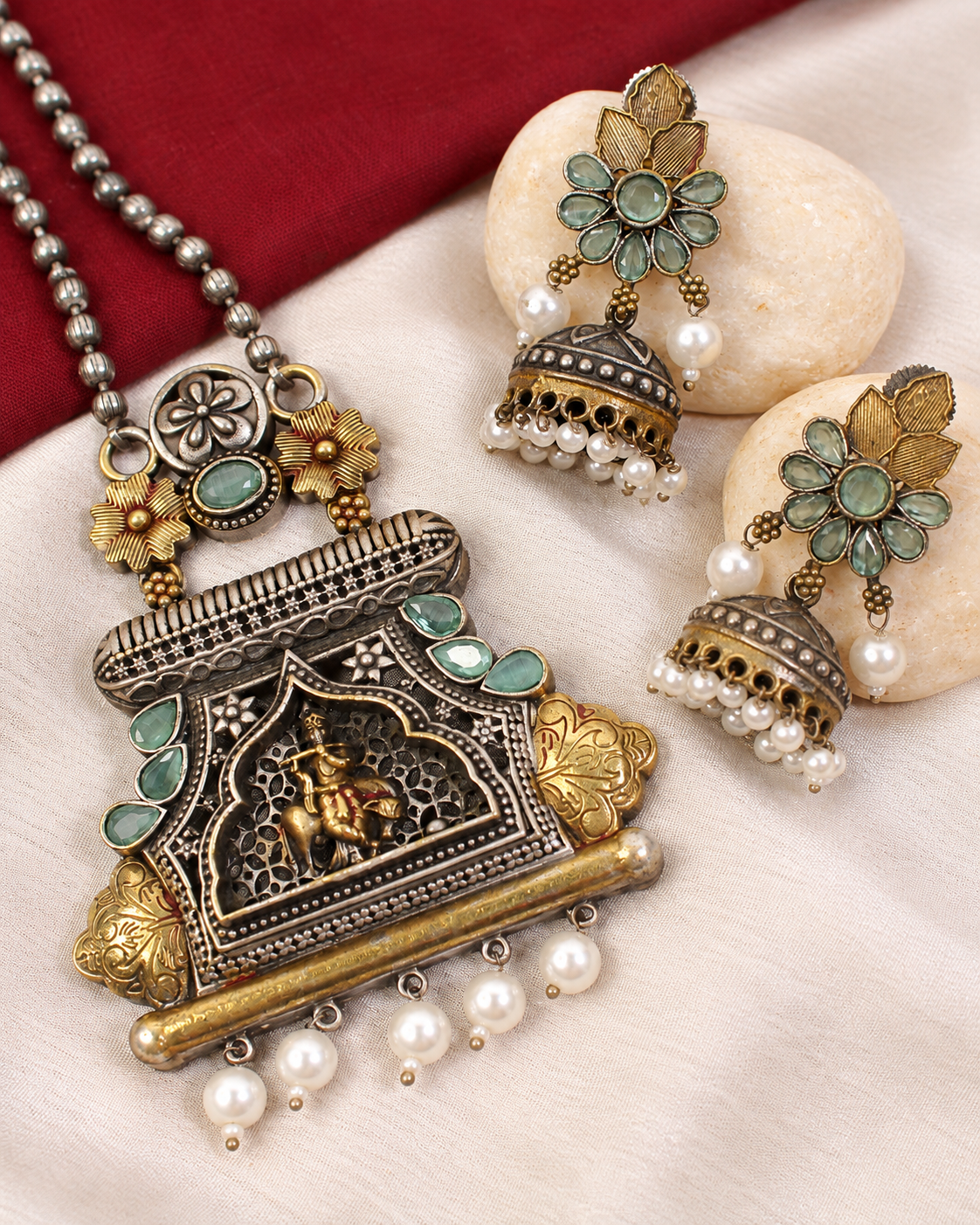 Temple Ganesha Floral Earring Pendant Set - Mint — AI-styled ornament detail view