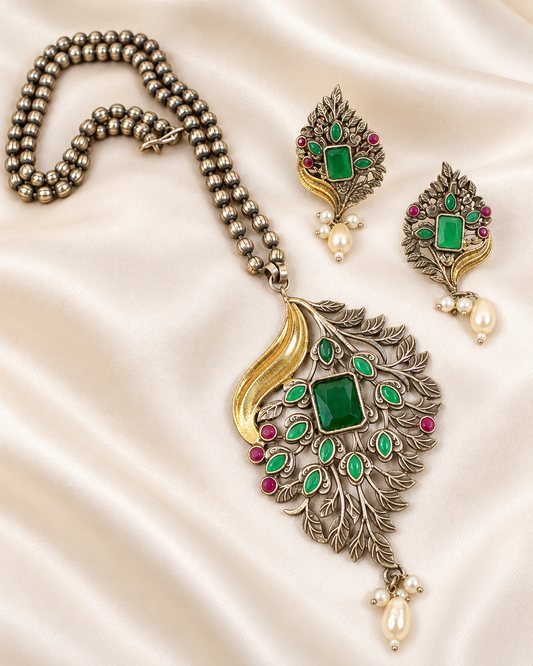 Leaf Peacock Dual Tone Pendant Set - Green — AI-styled closeup view