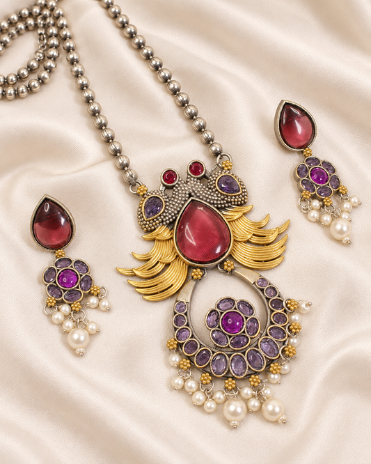 Ornate Teardrop Stone Pendant Set - Ruby Multicolour - closeup view