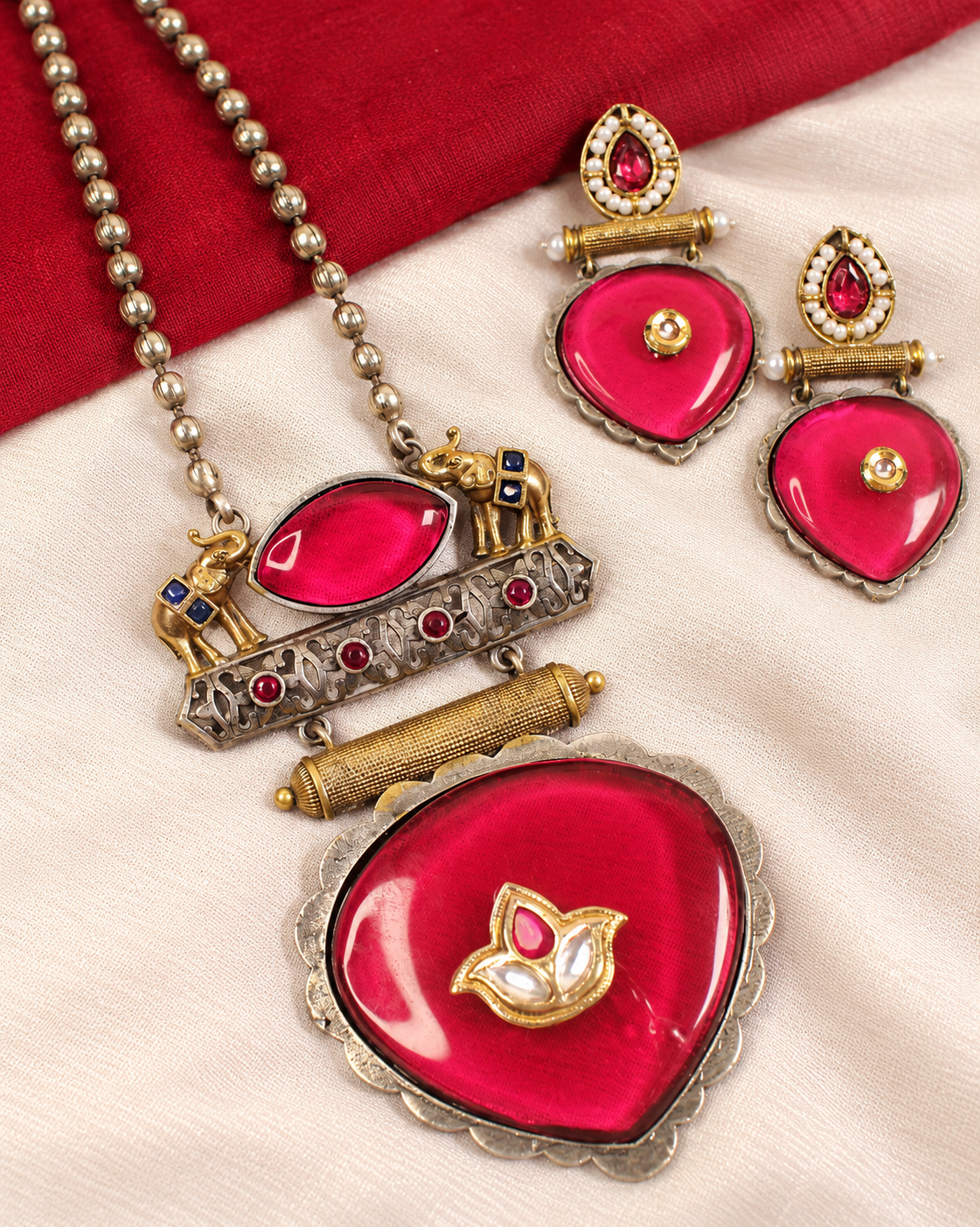 Floral Heart Drop Dual Tone Pendant Set - Bright Pink — AI-styled ornament detail view