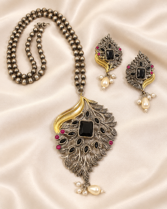 Leaf Peacock Dual Tone Pendant Set - Black — AI-styled closeup view