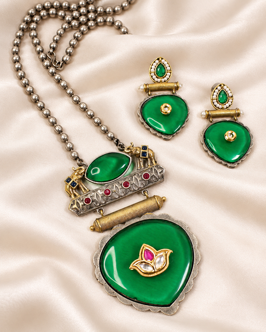 Floral Heart Drop Dual Tone Pendant Set - Green — AI-styled closeup view