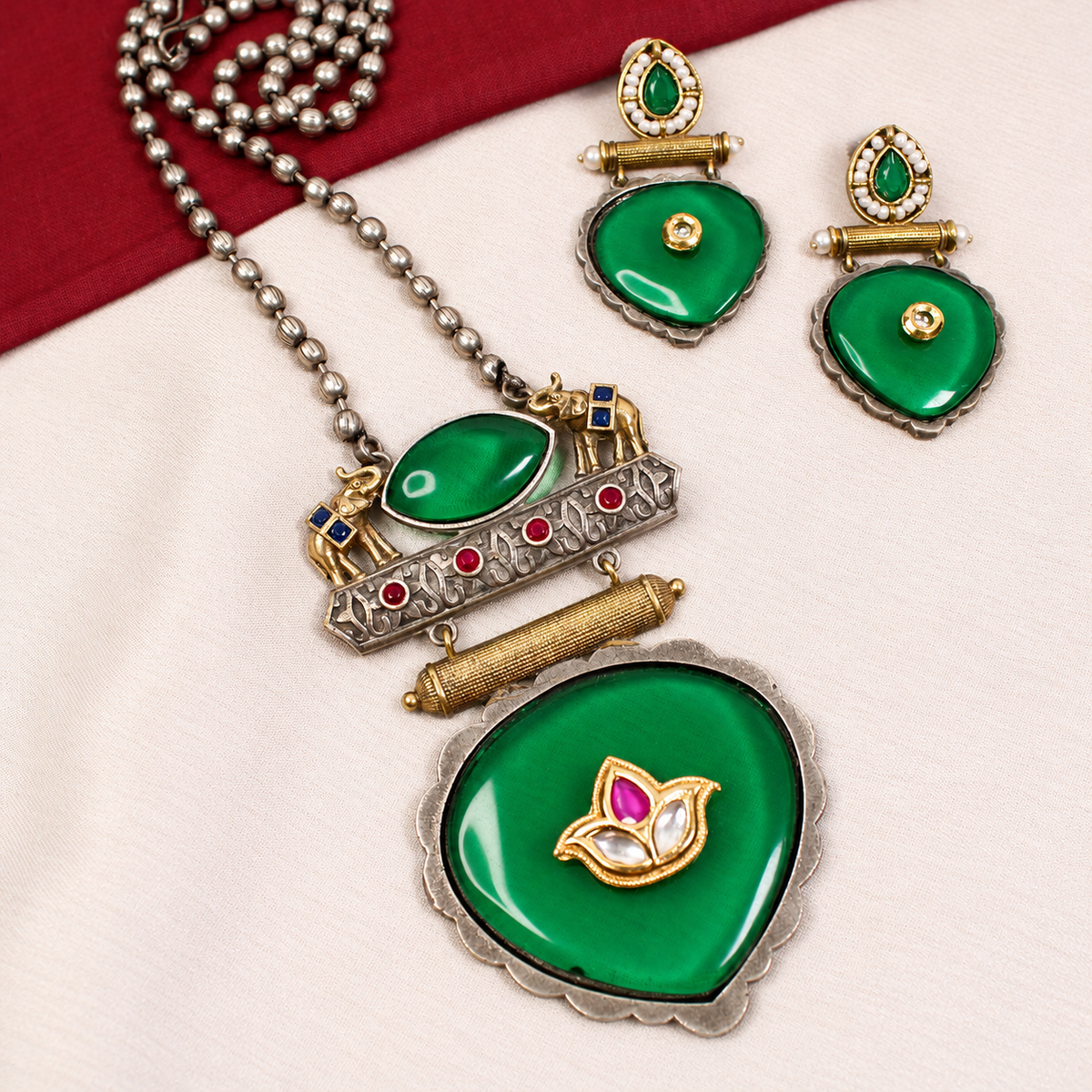 Floral Heart Drop Dual Tone Pendant Set - Green — retouched original photograph IMG_8202