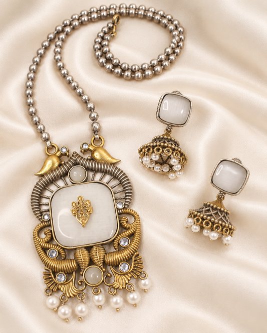 Swan Motif Dual Tone Pendant Set - White — AI-styled closeup view