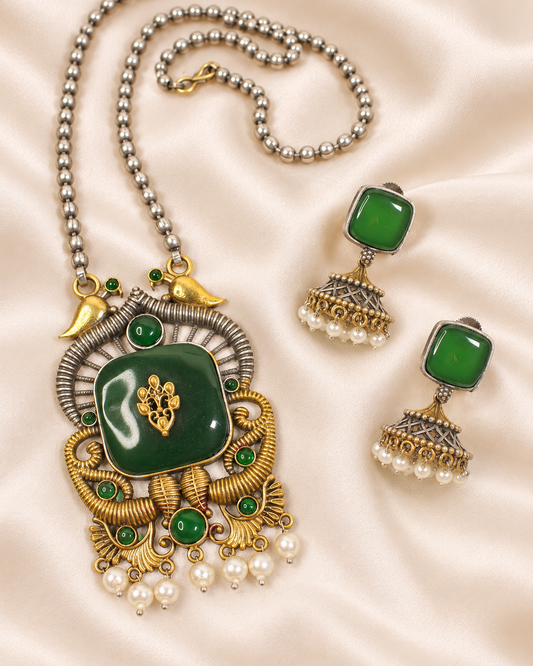 Swan Motif Dual Tone Pendant Set - Green — AI-styled closeup view