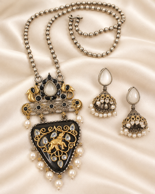 Dancing Figure Triangular Pendant Set - Black and Clear — AI-styled closeup view