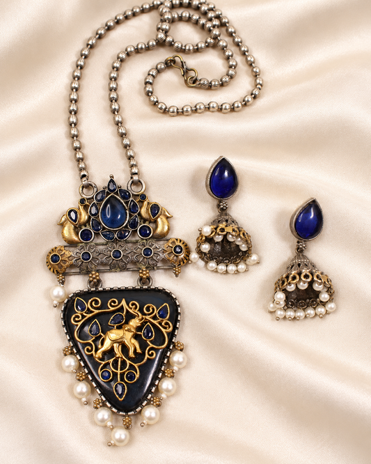 Dancing Figure Triangular Pendant Set - Black and Blue — AI-styled closeup view