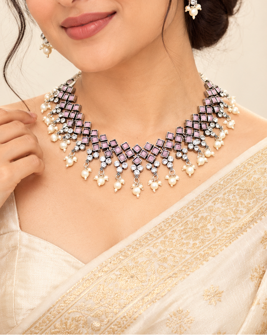 Model wearing Navraee Crystal Necklace Set in pink