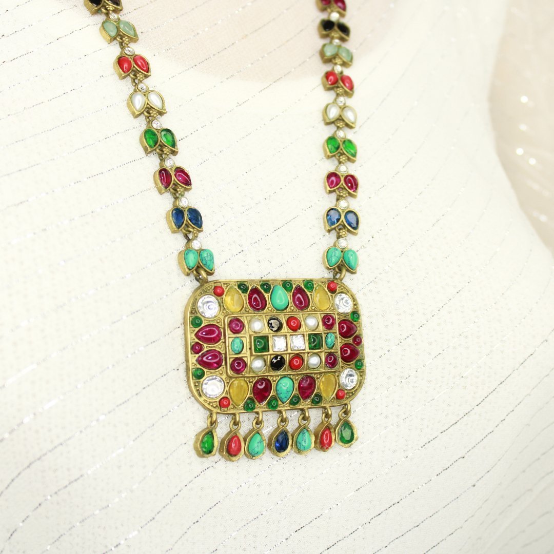 NAVRATNA ANTIQUE GOLD POLISH LONG NECKLACE