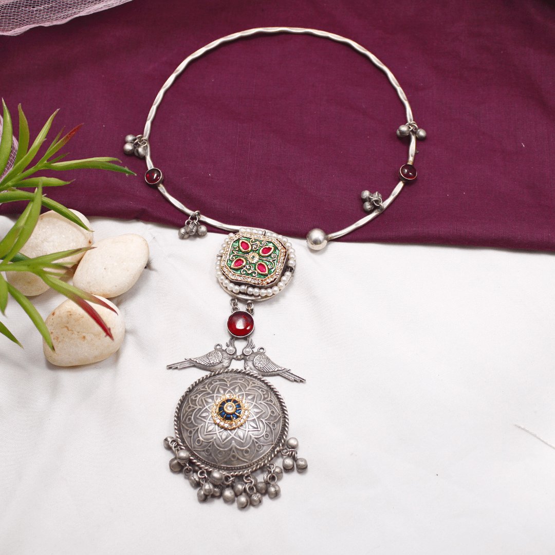 Navratra Special Oxidised Hasli Necklace with Meenakari Floral Pendant