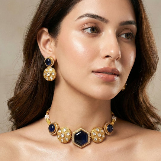 Navy Blue Kundan Choker Necklace Set – Handcrafted Gold-Plated Bridal Jewellery