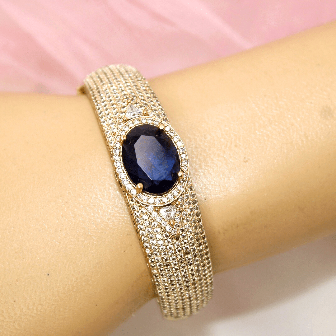 Navy Moissanite Royal Kada – Gold Finish with Midnight Blue Sto