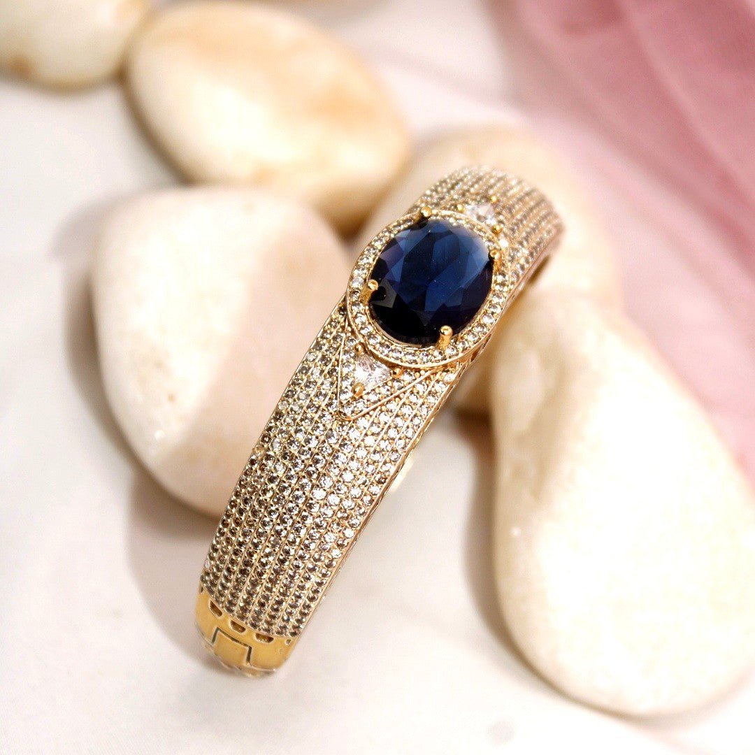 Navy Moissanite Royal Kada – Gold Finish with Midnight Blue Sto