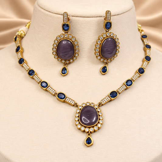 Oval Stone Drop Necklace Set - Blue — AI-styled mannequin view