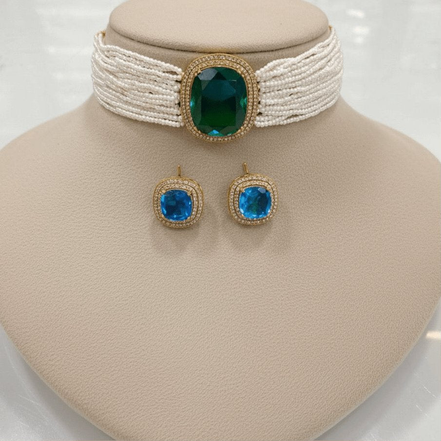 Ocean Prism Moissanite Choker Set – Dual Emerald-Blue Crystal with Ivory Pearl Ban