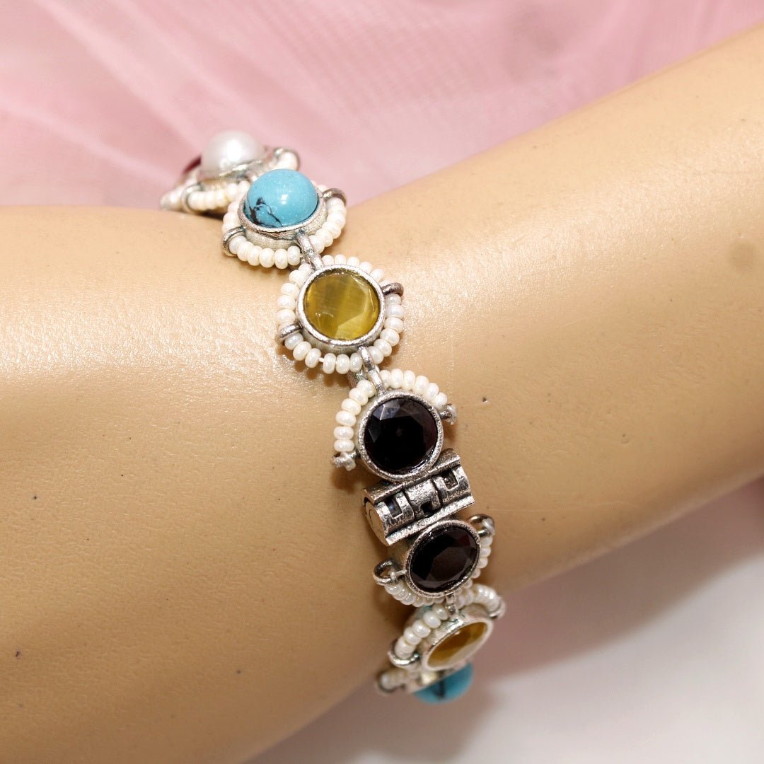 Oxidised Multi - Stone & Pearl Kada – Antique Silver Fini