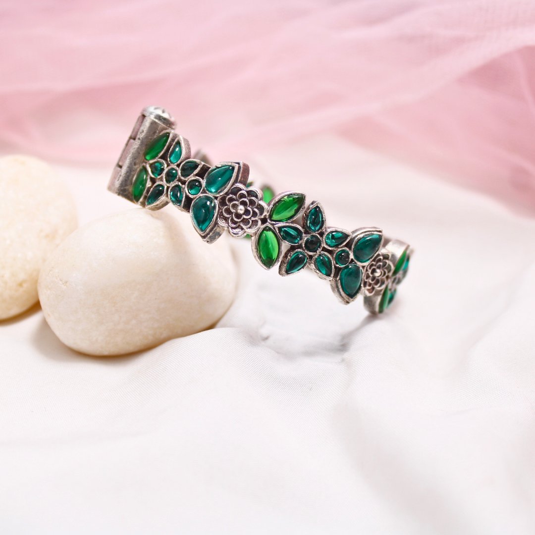 Oxidised Floral Kada with Green Stone – Openable