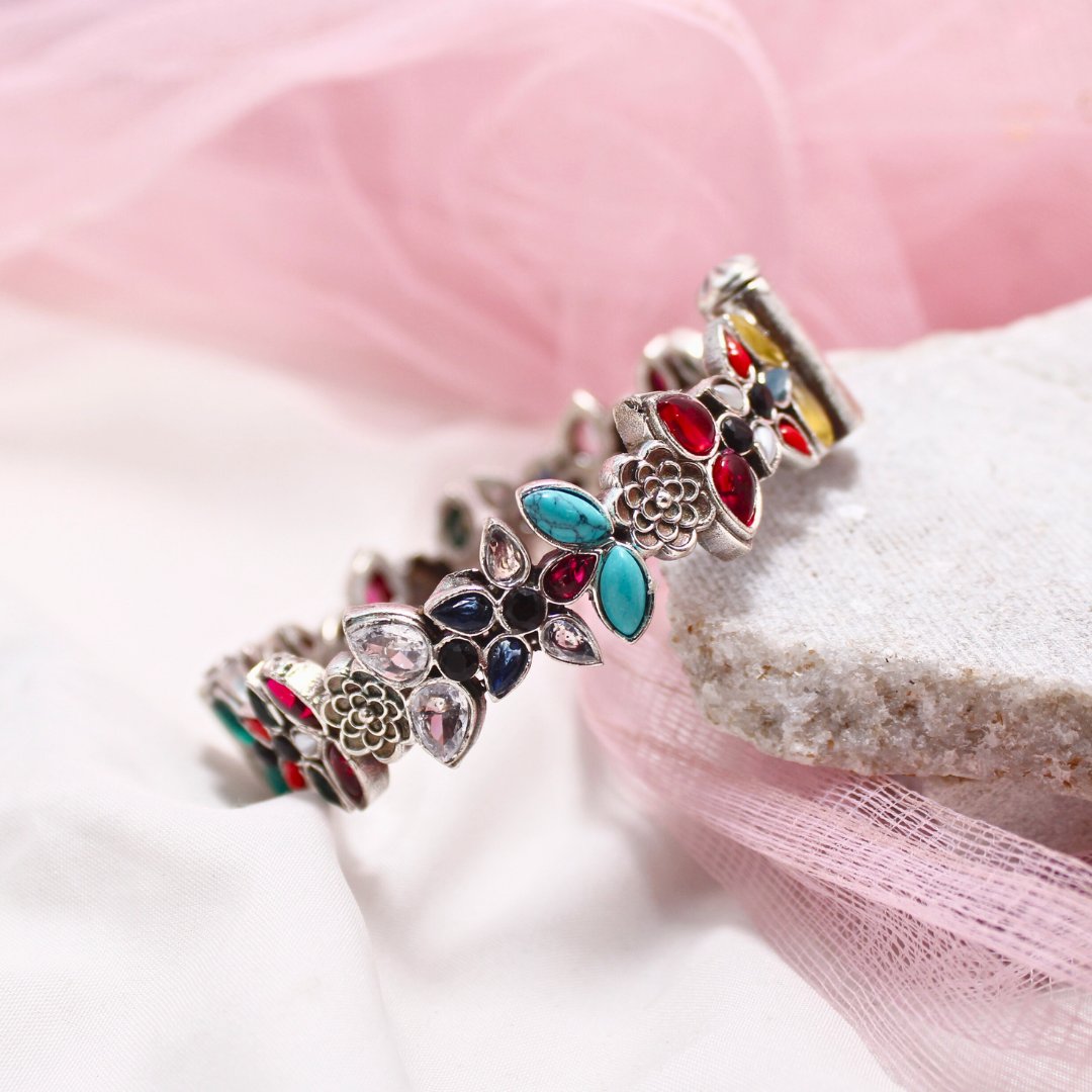Oxidised Openable Kada with Multicolor Stones & Floral Motifs