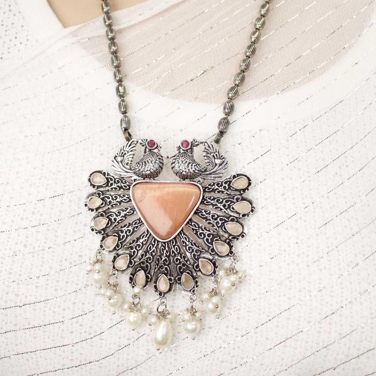 PANKH - SILVER LOOK ALIKE PENDANT SET - ORANGE