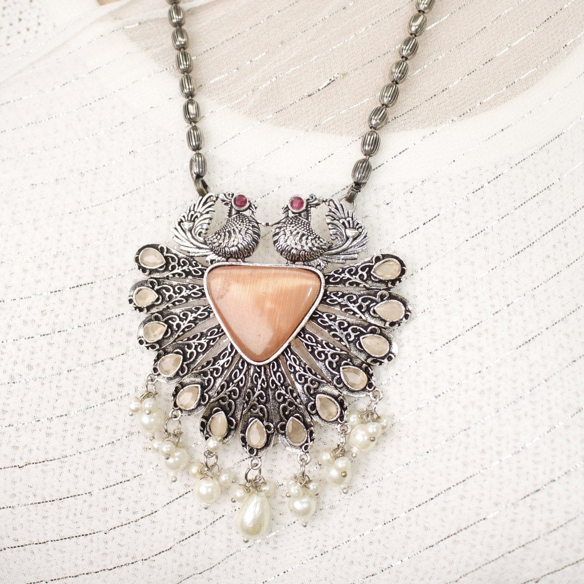 PANKH - SILVER LOOK ALIKE PENDANT SET - ORANGE