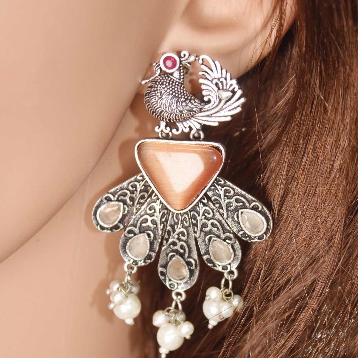 PANKH - SILVER LOOK ALIKE PENDANT SET - ORANGE