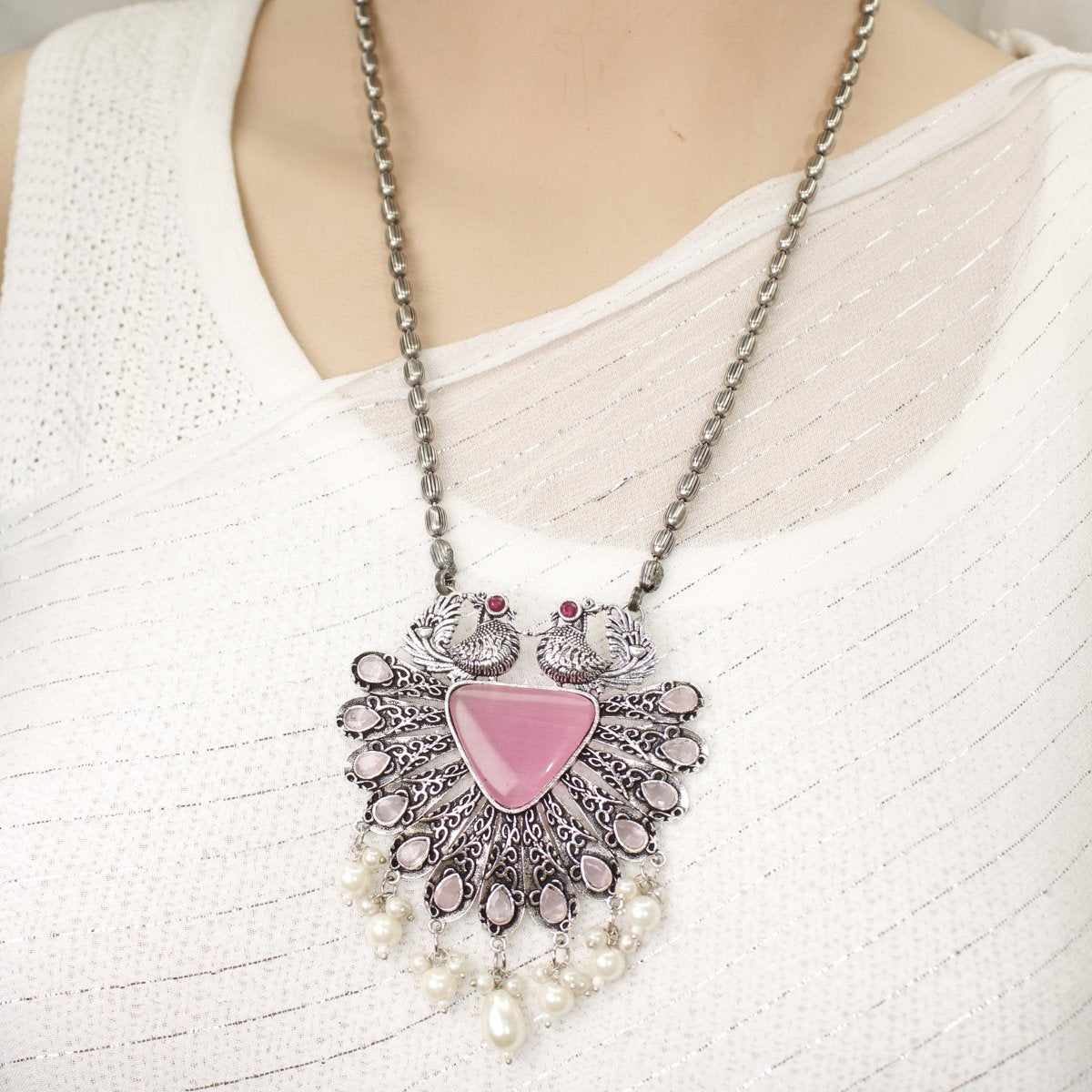 PANKH - SILVER LOOK ALIKE PENDANT SET - PINK