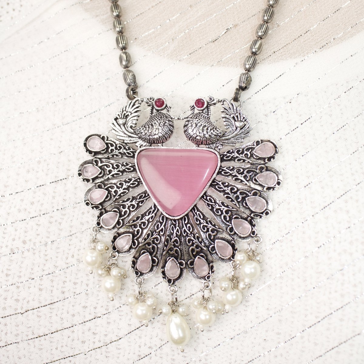 PANKH - SILVER LOOK ALIKE PENDANT SET - PINK