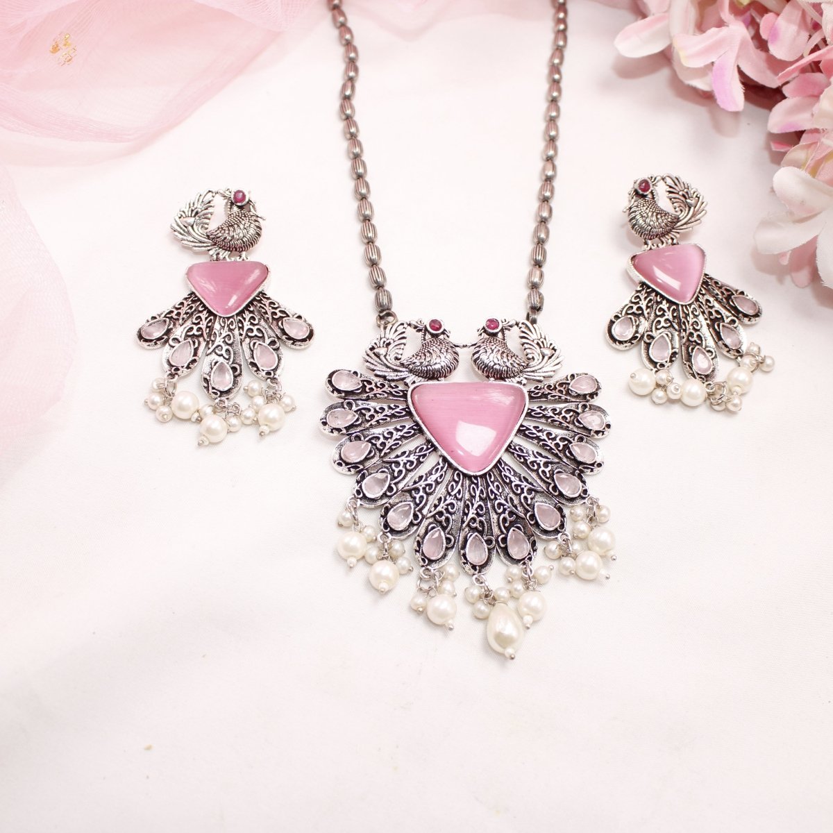 PANKH - SILVER LOOK ALIKE PENDANT SET - PINK