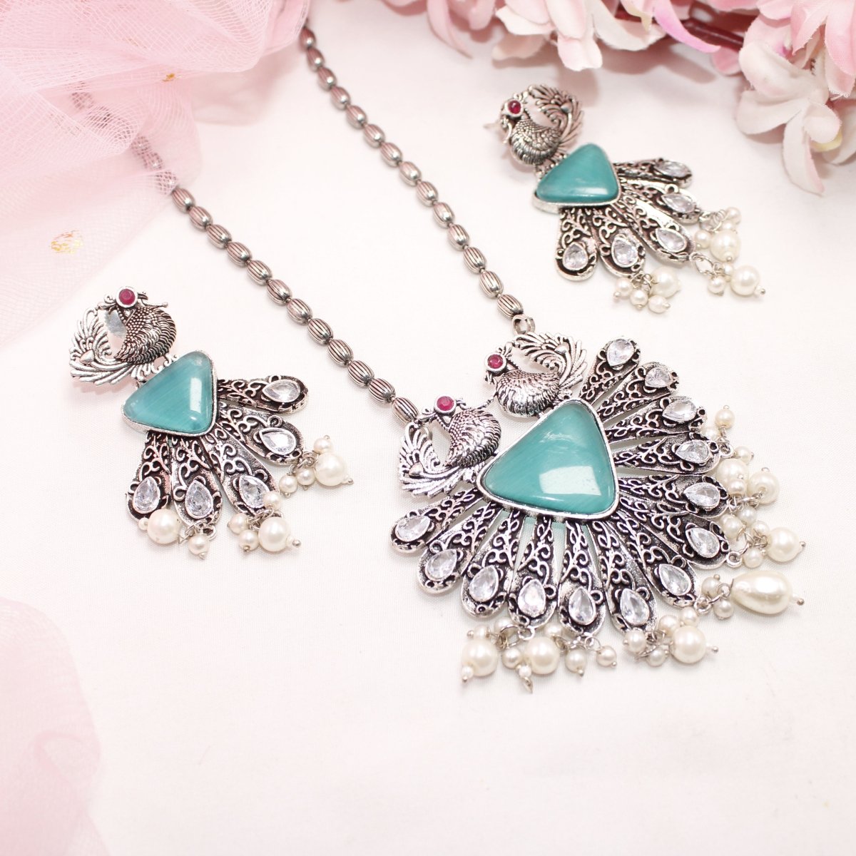 PANKH - SILVER LOOK ALIKE PENDANT SET - TURQUOISE