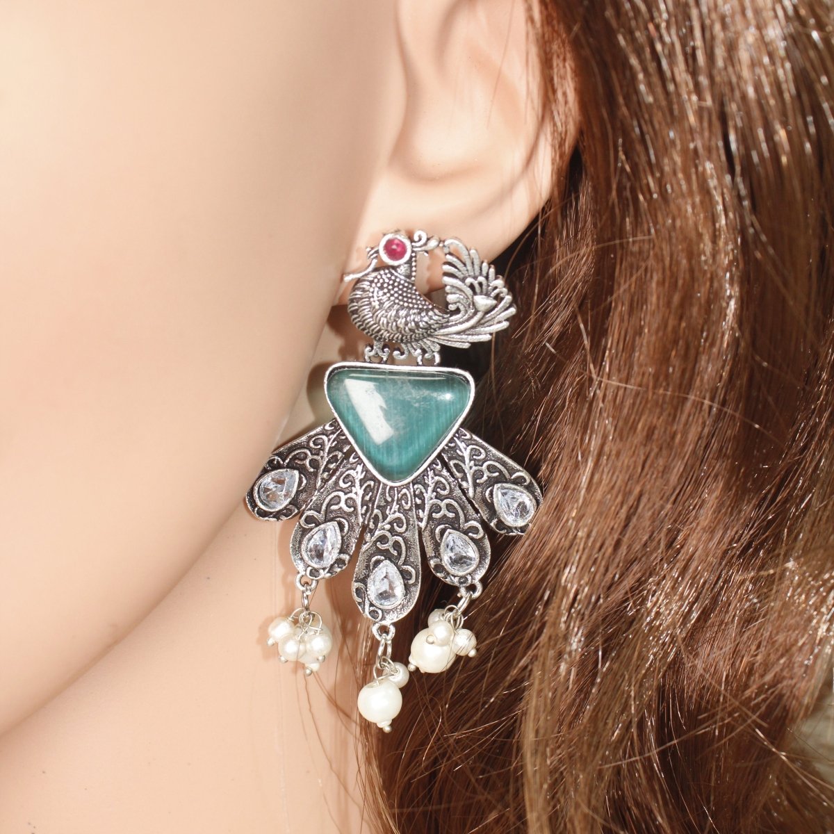 PANKH - SILVER LOOK ALIKE PENDANT SET - TURQUOISE