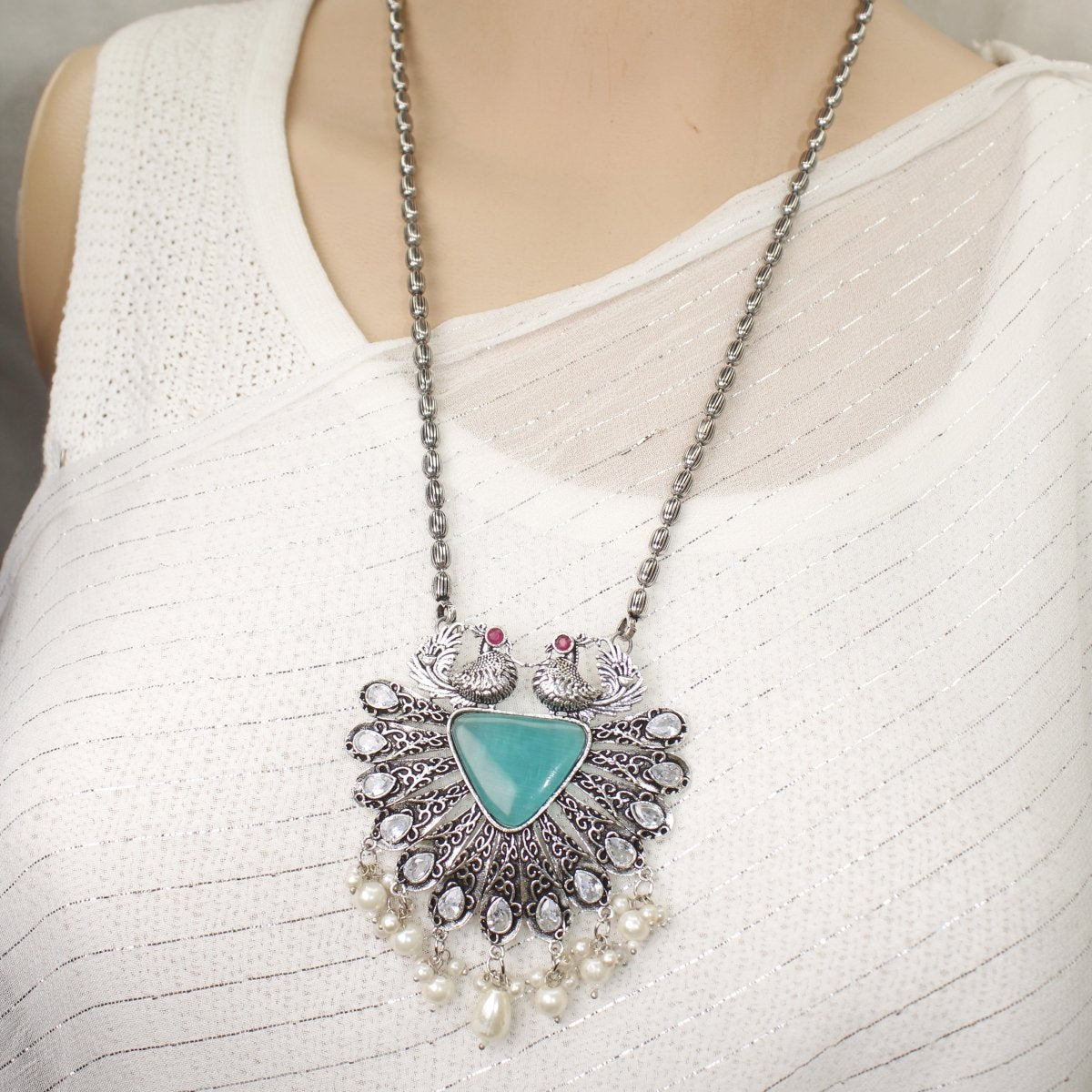 PANKH - SILVER LOOK ALIKE PENDANT SET - TURQUOISE