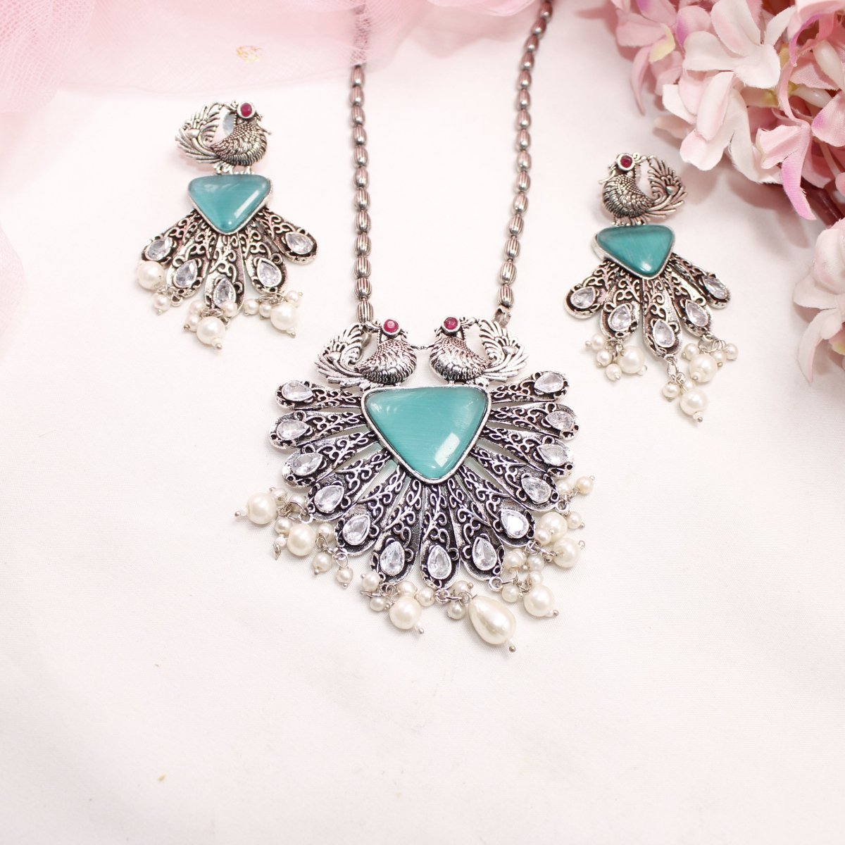 PANKH - SILVER LOOK ALIKE PENDANT SET - TURQUOISE